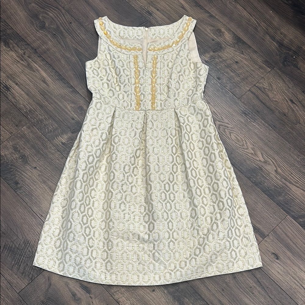 Vintage Maggy London Gold Metallic Jacquard Jeweled Dress w/Pockets